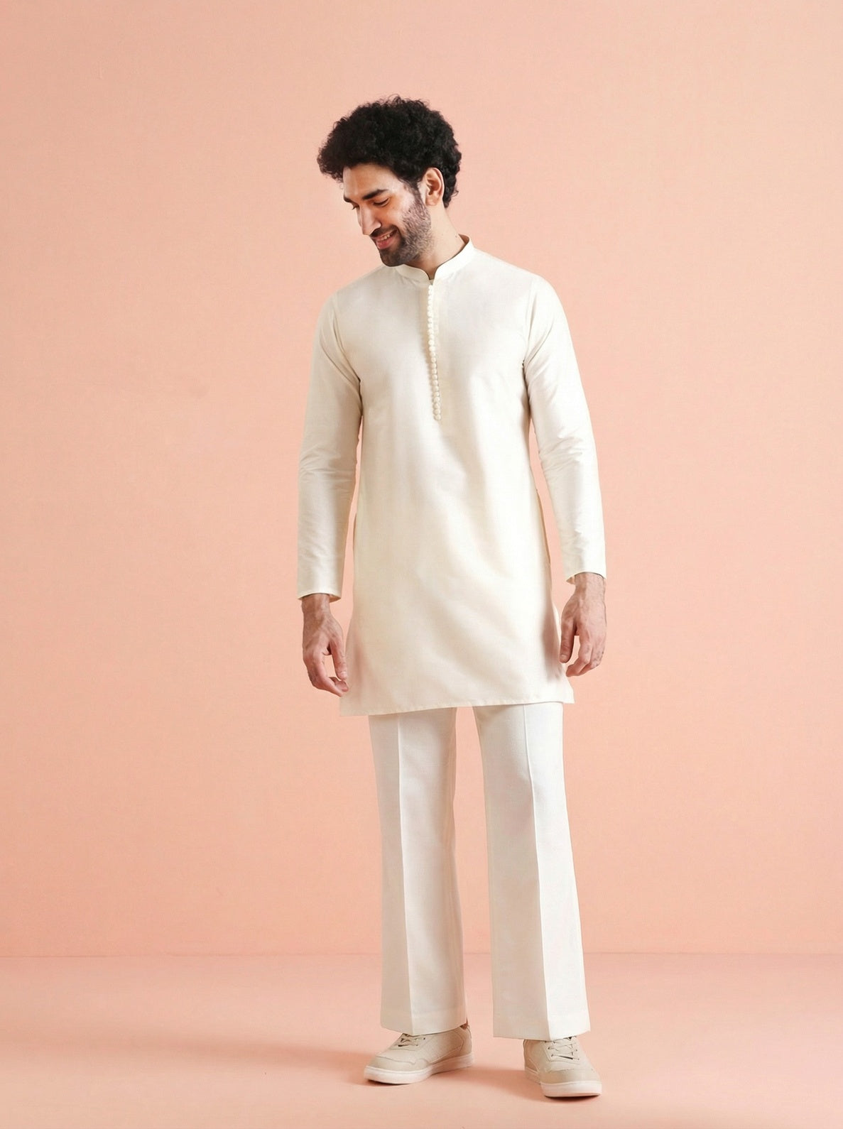 Off White Silk Blend Jacquard Mid Kurta Front Open Jacket Wide Leg Trouser Set