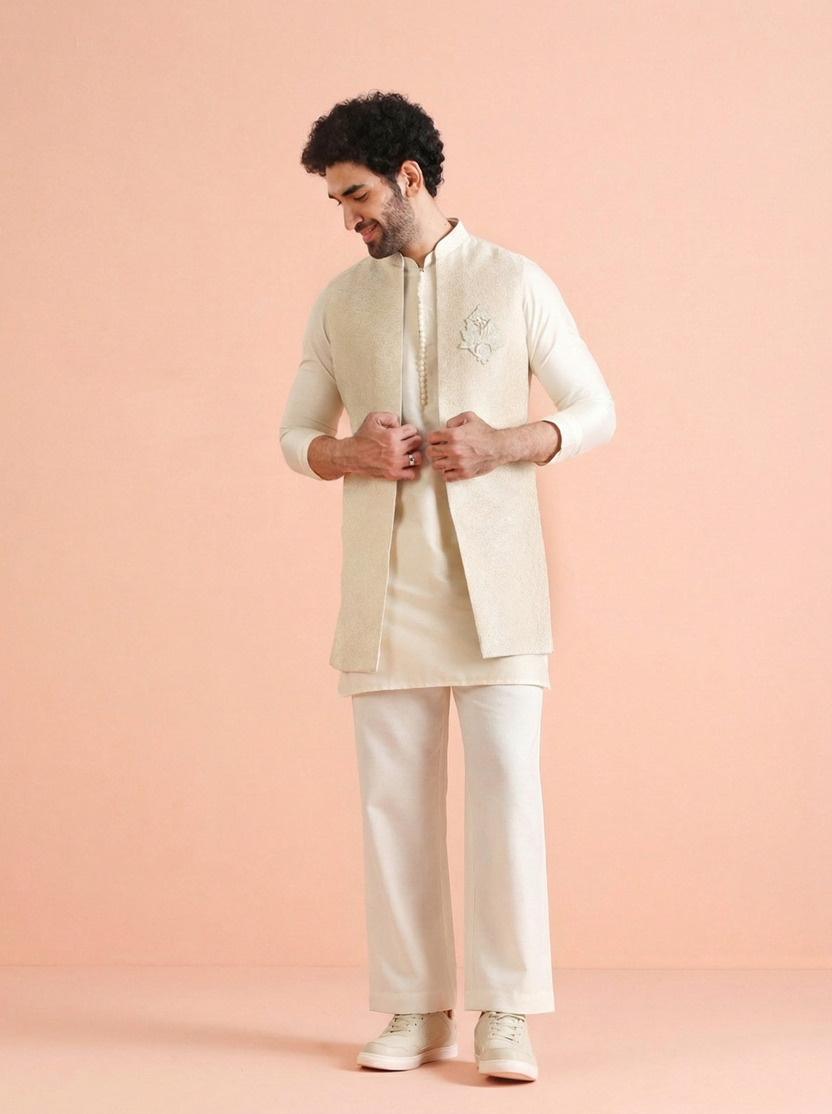 Off White Silk Blend Jacquard Mid Kurta Front Open Jacket Wide Leg Trouser Set