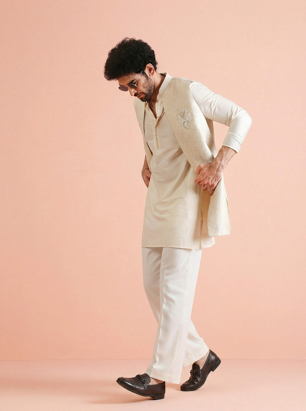 Off White Silk Blend Jacquard Mid Kurta Front Open Jacket Wide Leg Trouser Set