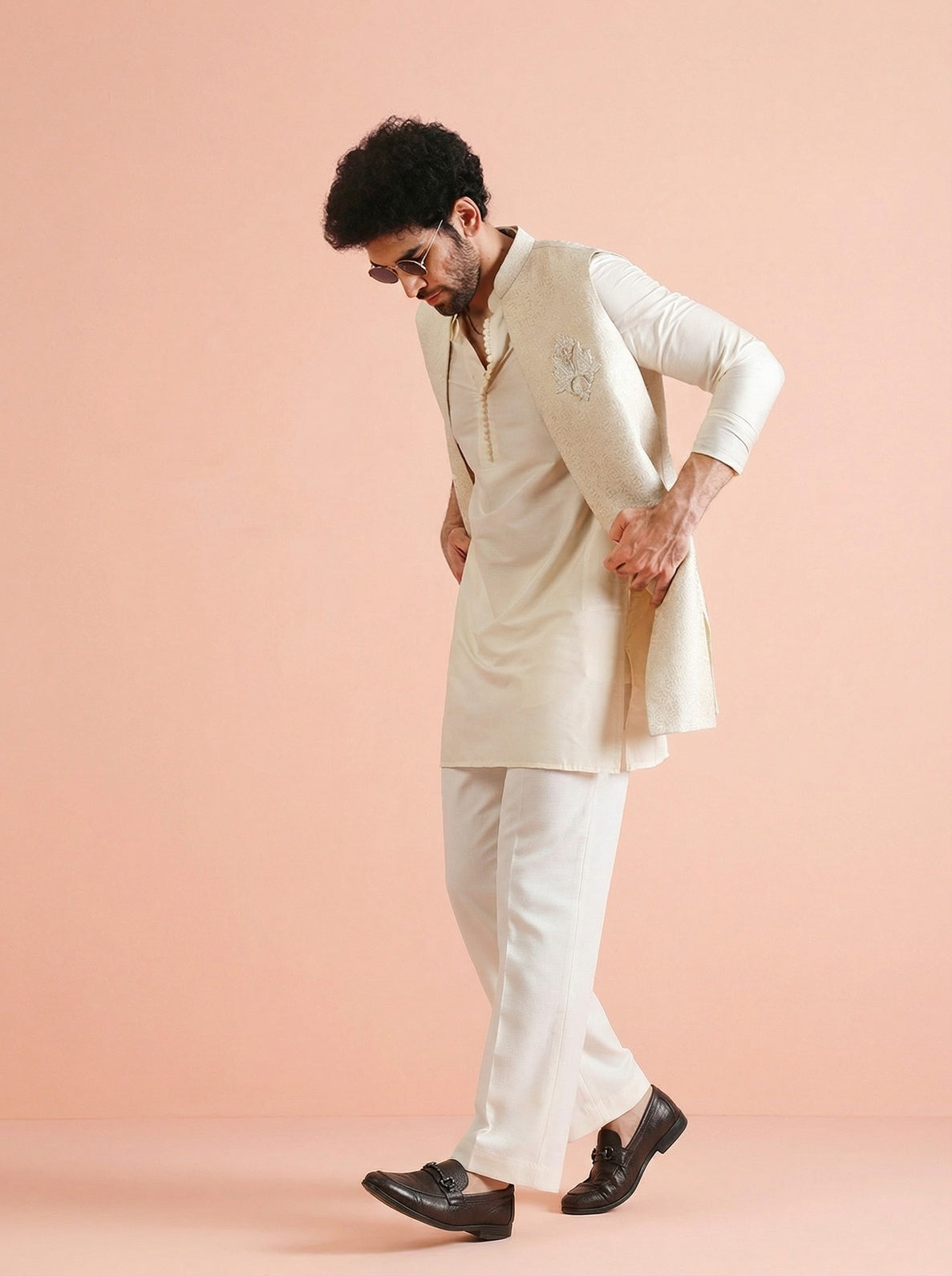 Off White Silk Blend Jacquard Mid Kurta Front Open Jacket Wide Leg Trouser Set