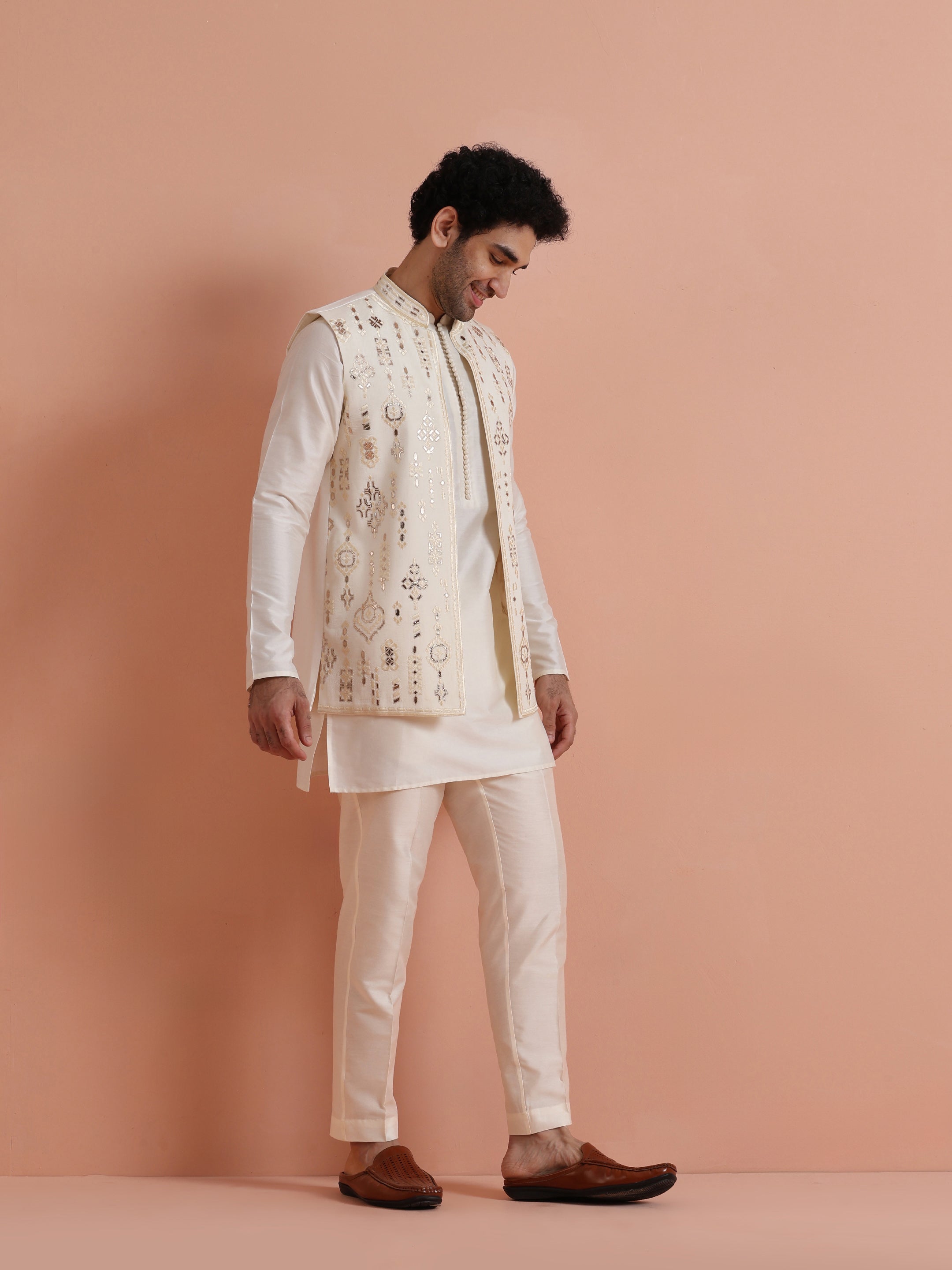 Cream Poly Silk Embroidered Mid Kurta Front Open Long Jacket Trouser Set