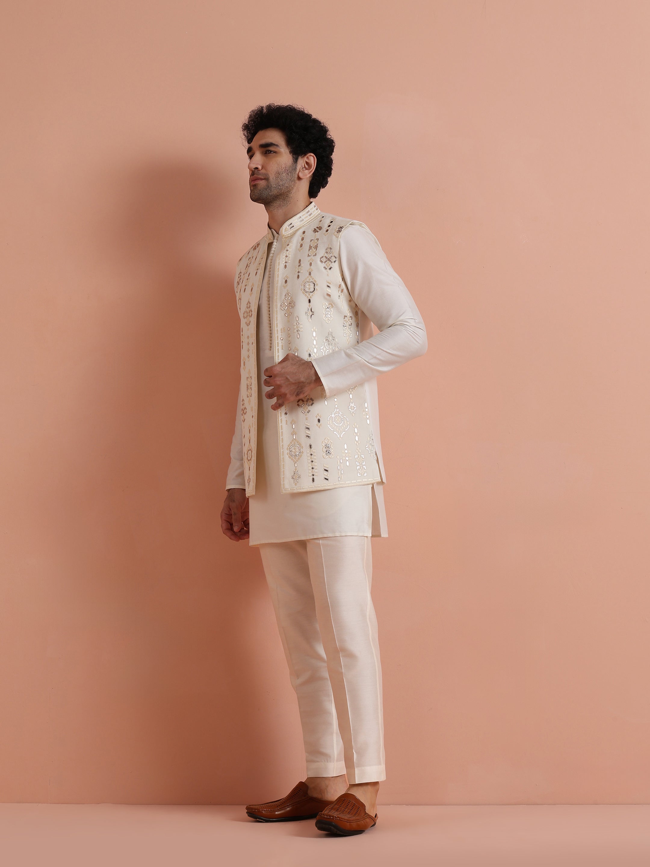 Cream Poly Silk Embroidered Mid Kurta Front Open Long Jacket Trouser Set