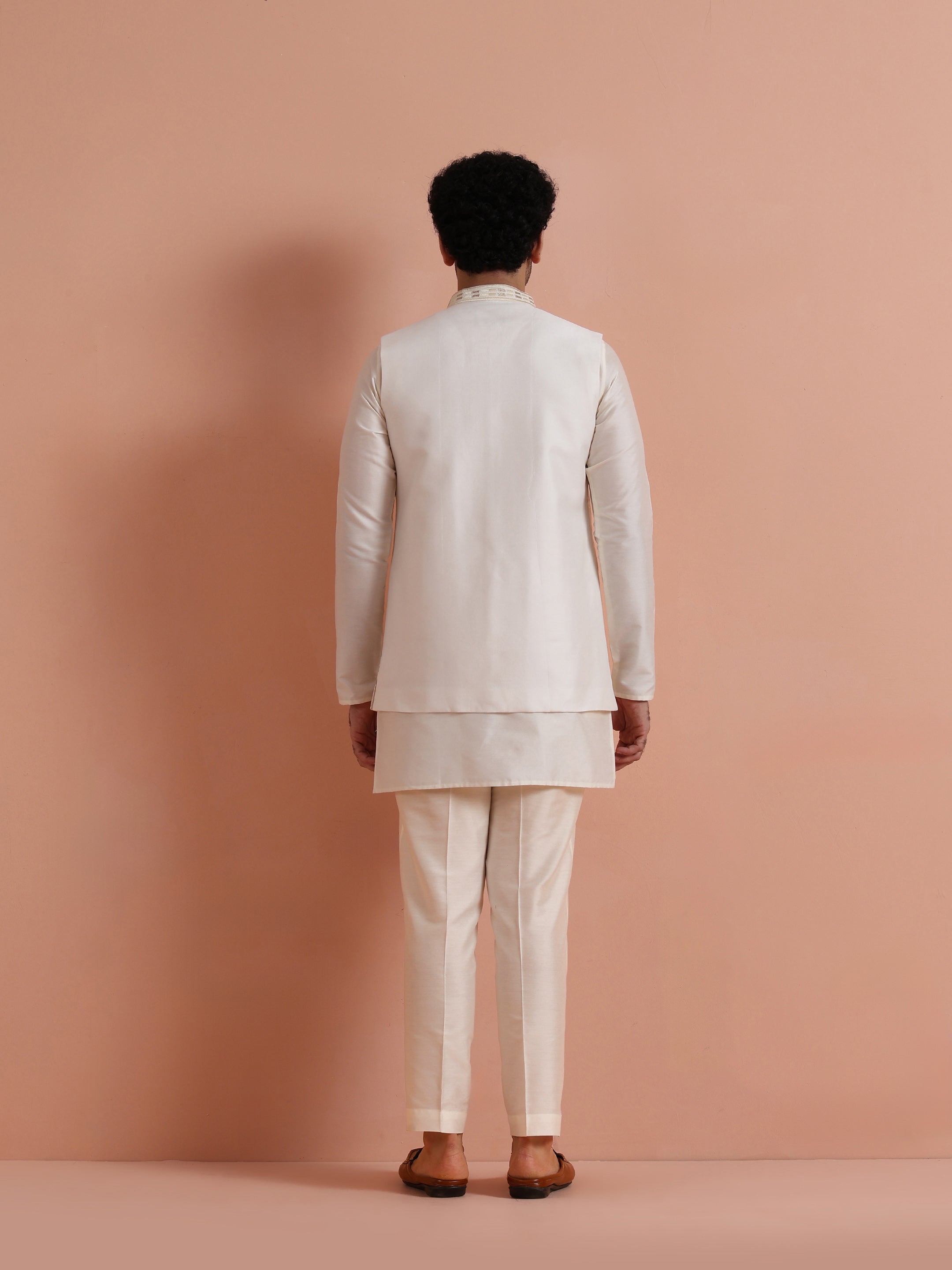 Cream Poly Silk Embroidered Mid Kurta Front Open Long Jacket Trouser Set