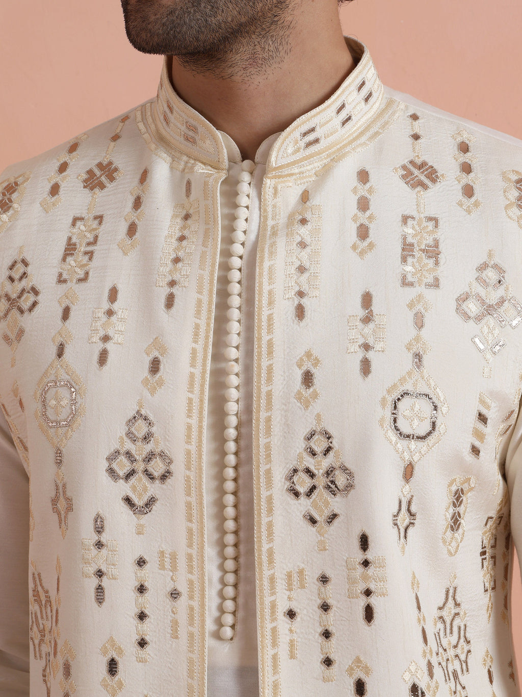 Cream Poly Silk Embroidered Mid Kurta Front Open Long Jacket Trouser Set