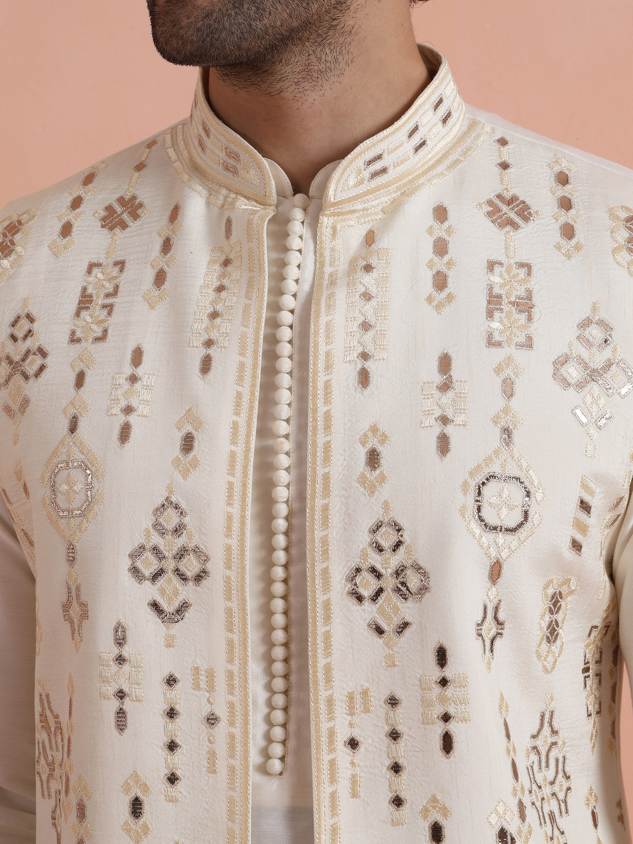 Cream Poly Silk Embroidered Mid Kurta Front Open Long Jacket Trouser Set