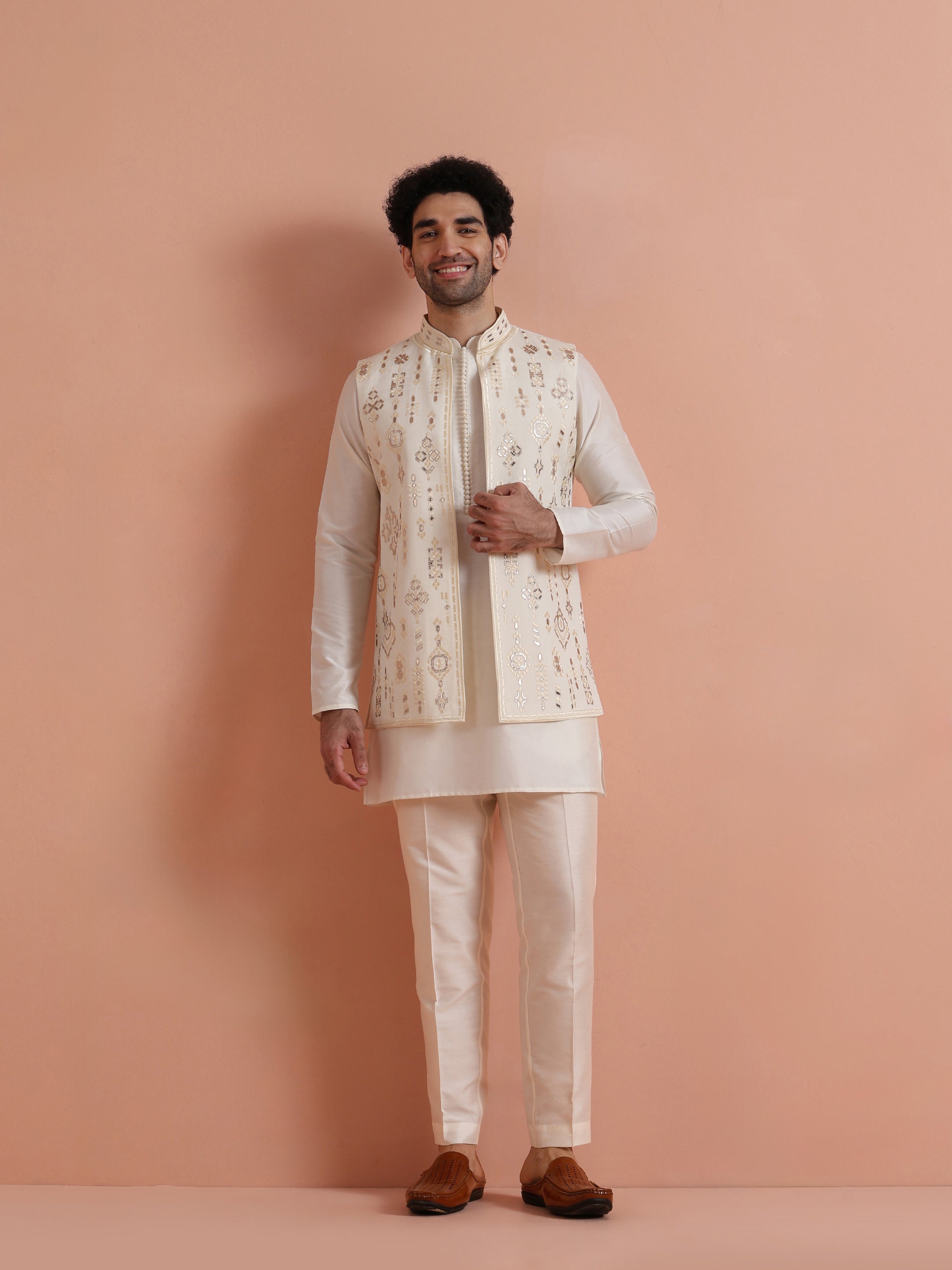 Cream Poly Silk Embroidered Mid Kurta Front Open Long Jacket Trouser Set