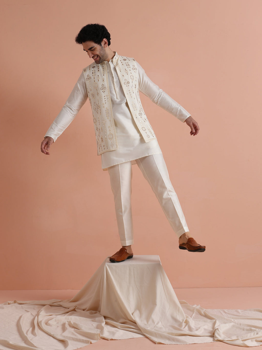 Cream Poly Silk Embroidered Mid Kurta Front Open Long Jacket Trouser Set