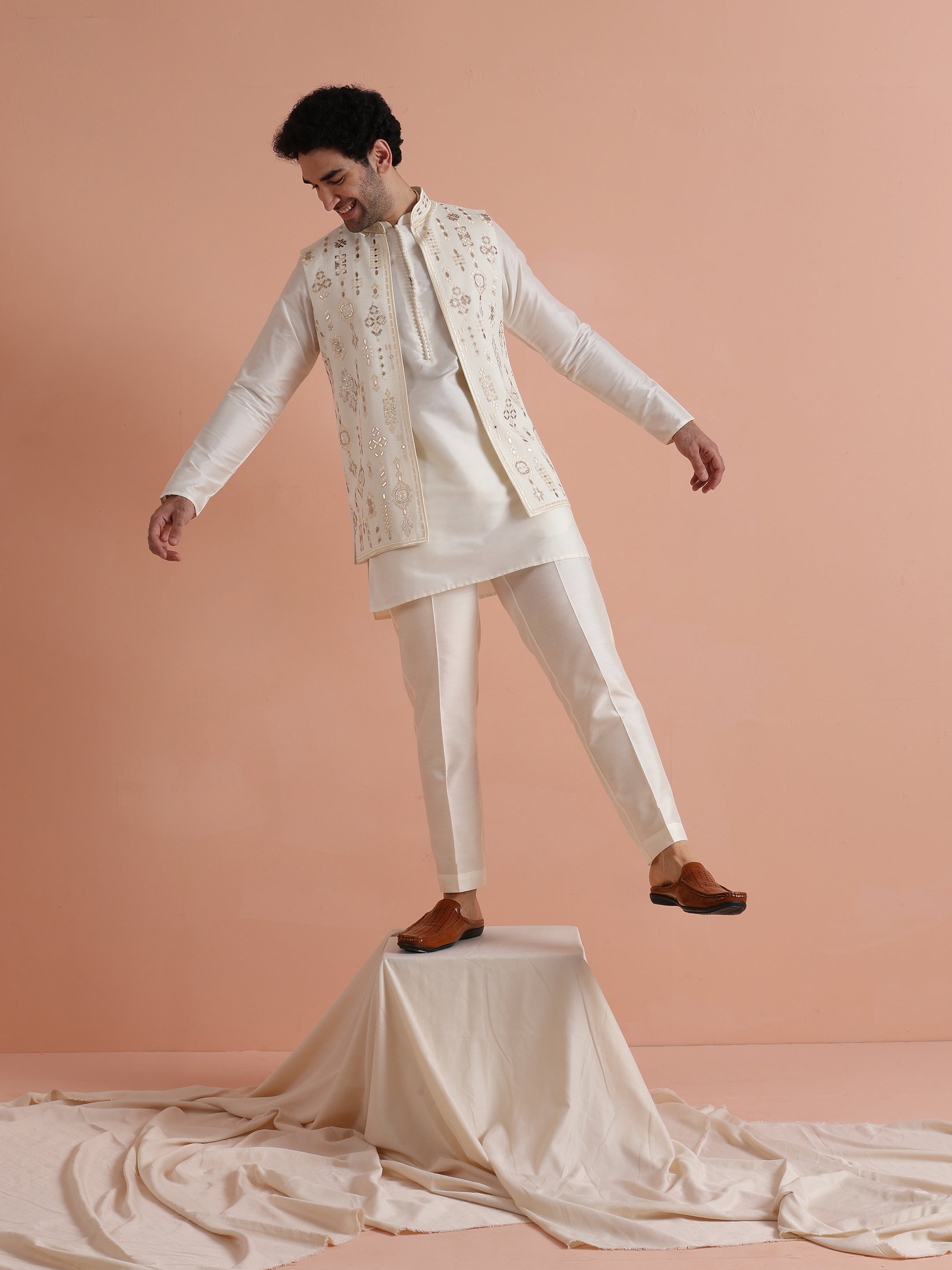 Cream Poly Silk Embroidered Mid Kurta Front Open Long Jacket Trouser Set