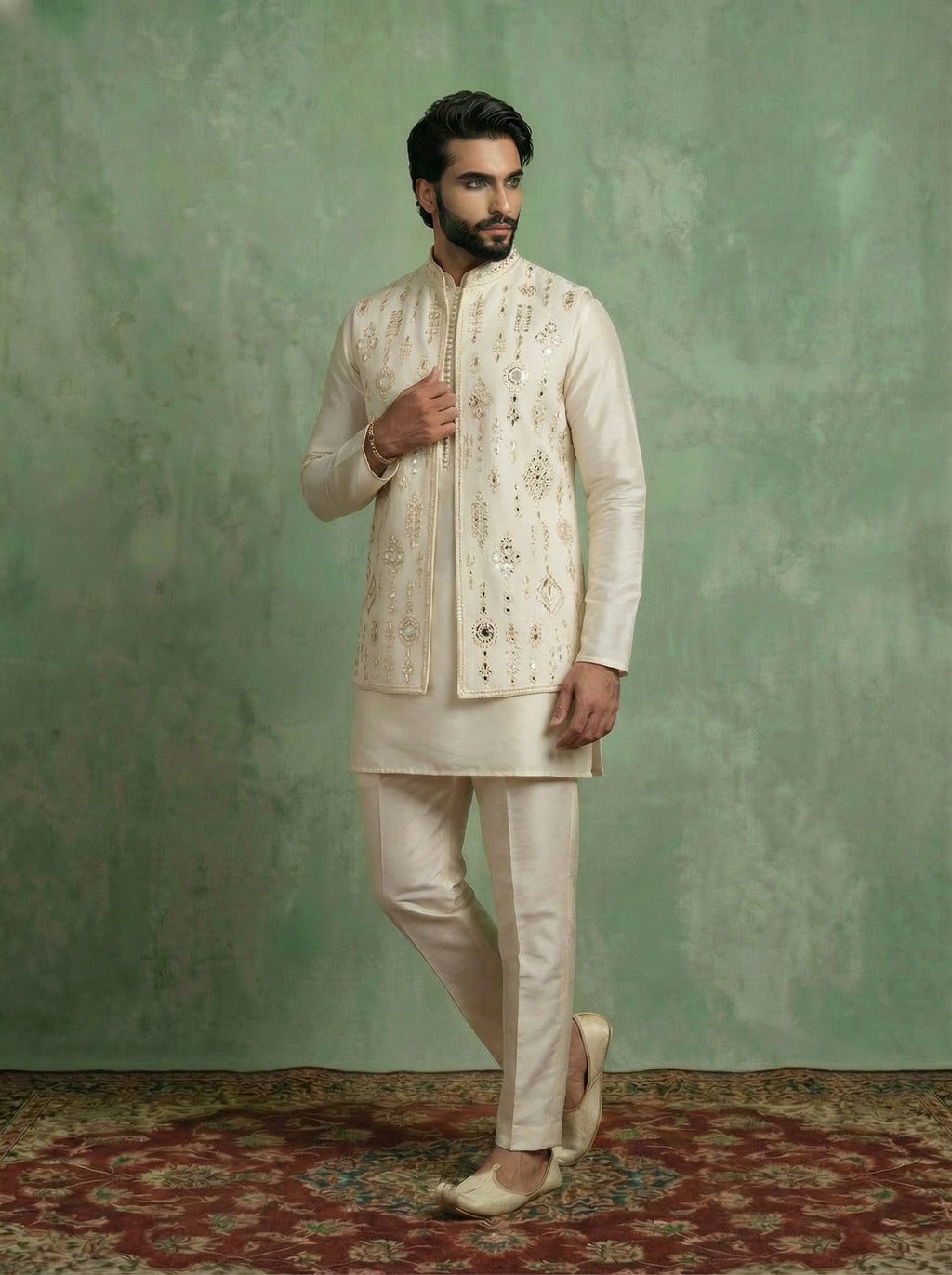 Cream Poly Silk Embroidered Mid Kurta Front Open Long Jacket Trouser Set