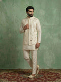 Cream Poly Silk Embroidered Mid Kurta Front Open Long Jacket Trouser Set