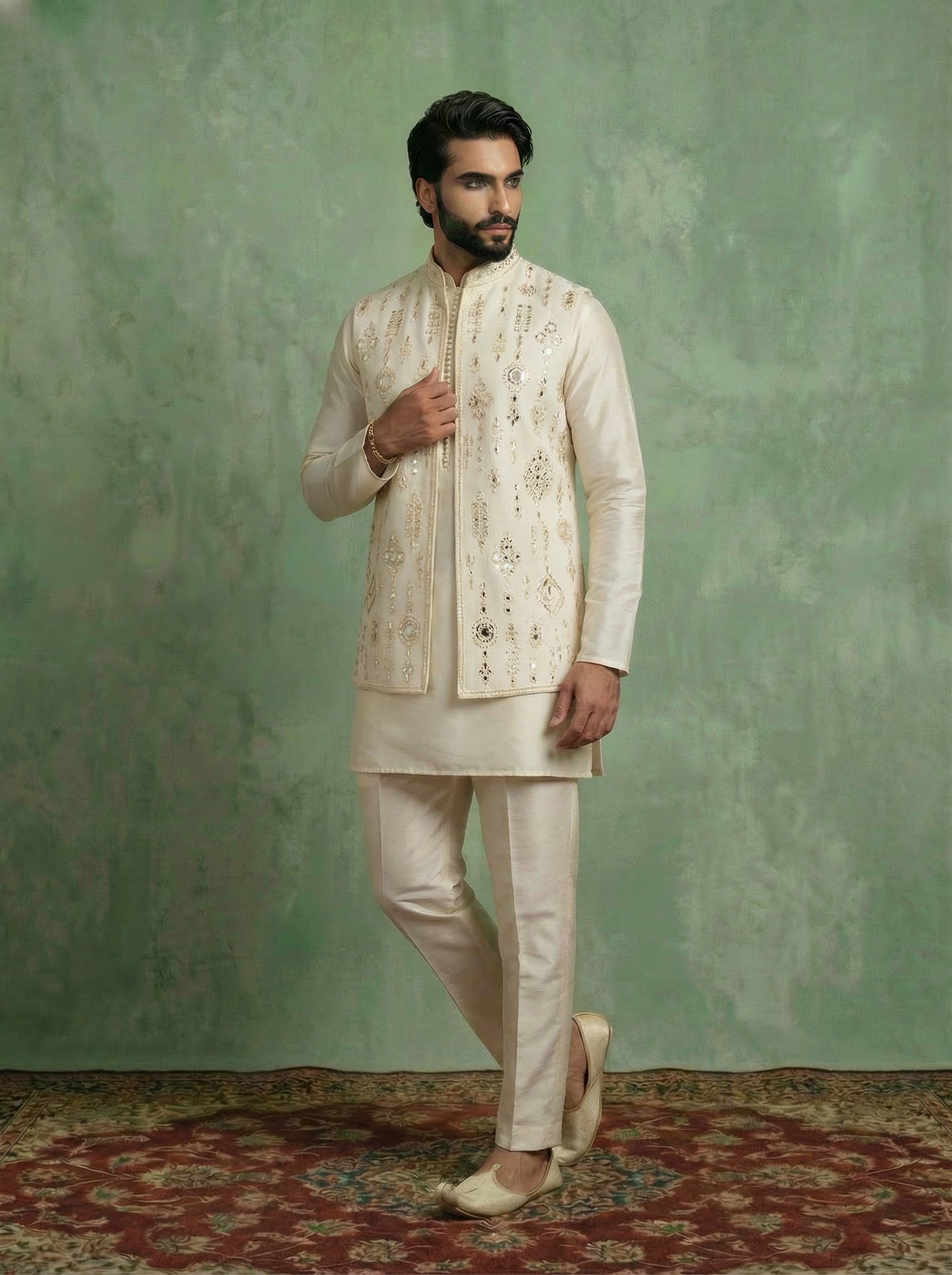 Cream Poly Silk Embroidered Mid Kurta Front Open Long Jacket Trouser Set