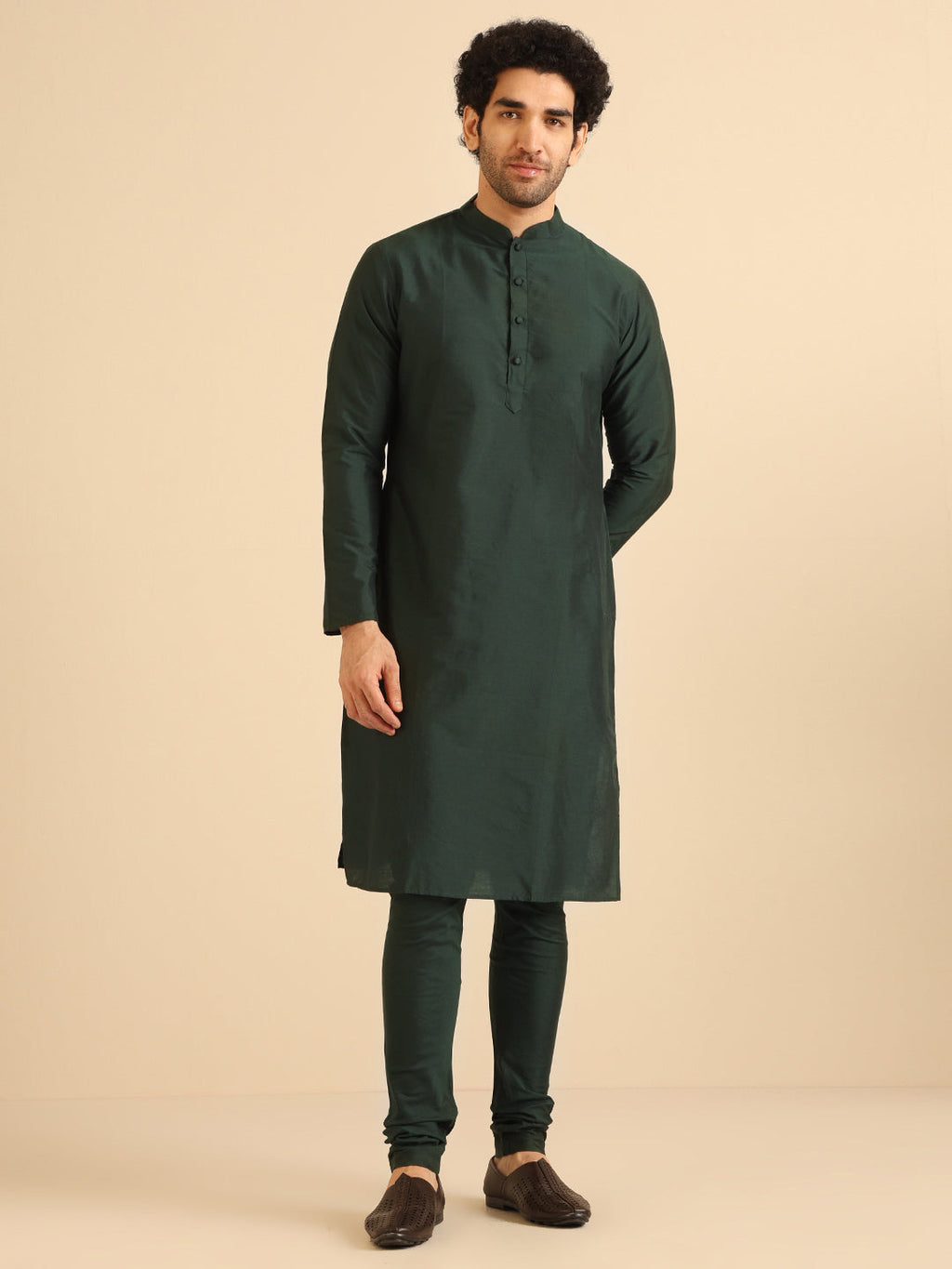 Green Cotton Blend Solid Kurta Churidar Set