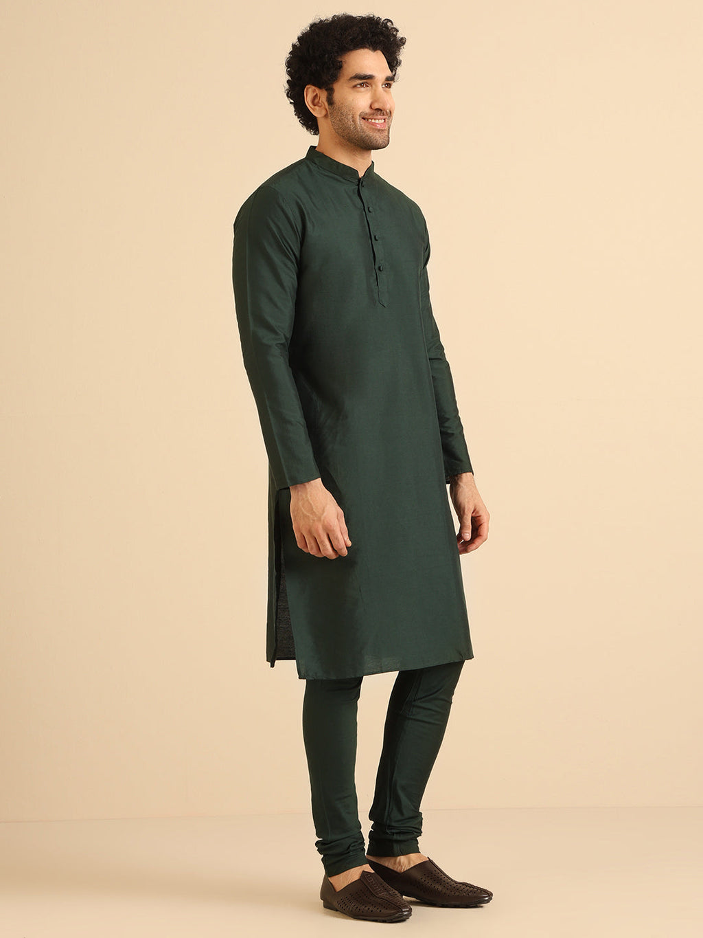 Green Cotton Blend Solid Kurta Churidar Set