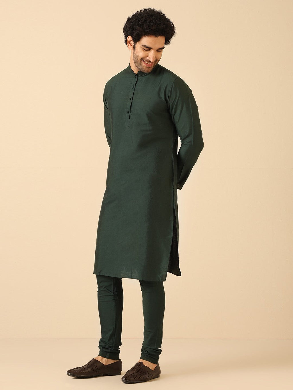 Green Cotton Blend Solid Kurta Churidar Set