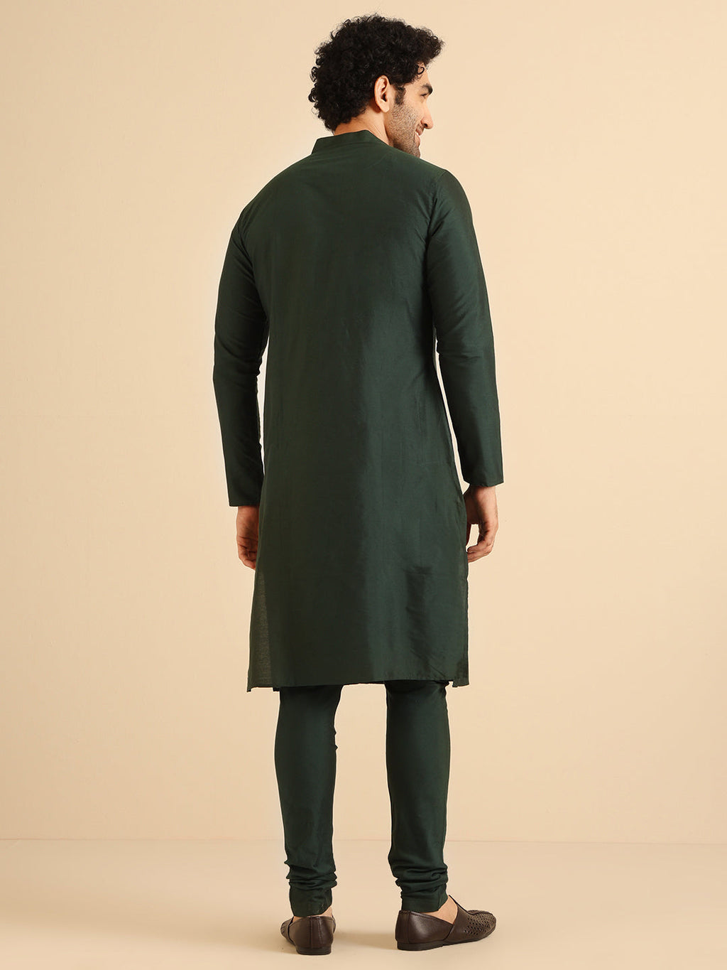 Green Cotton Blend Solid Kurta Churidar Set