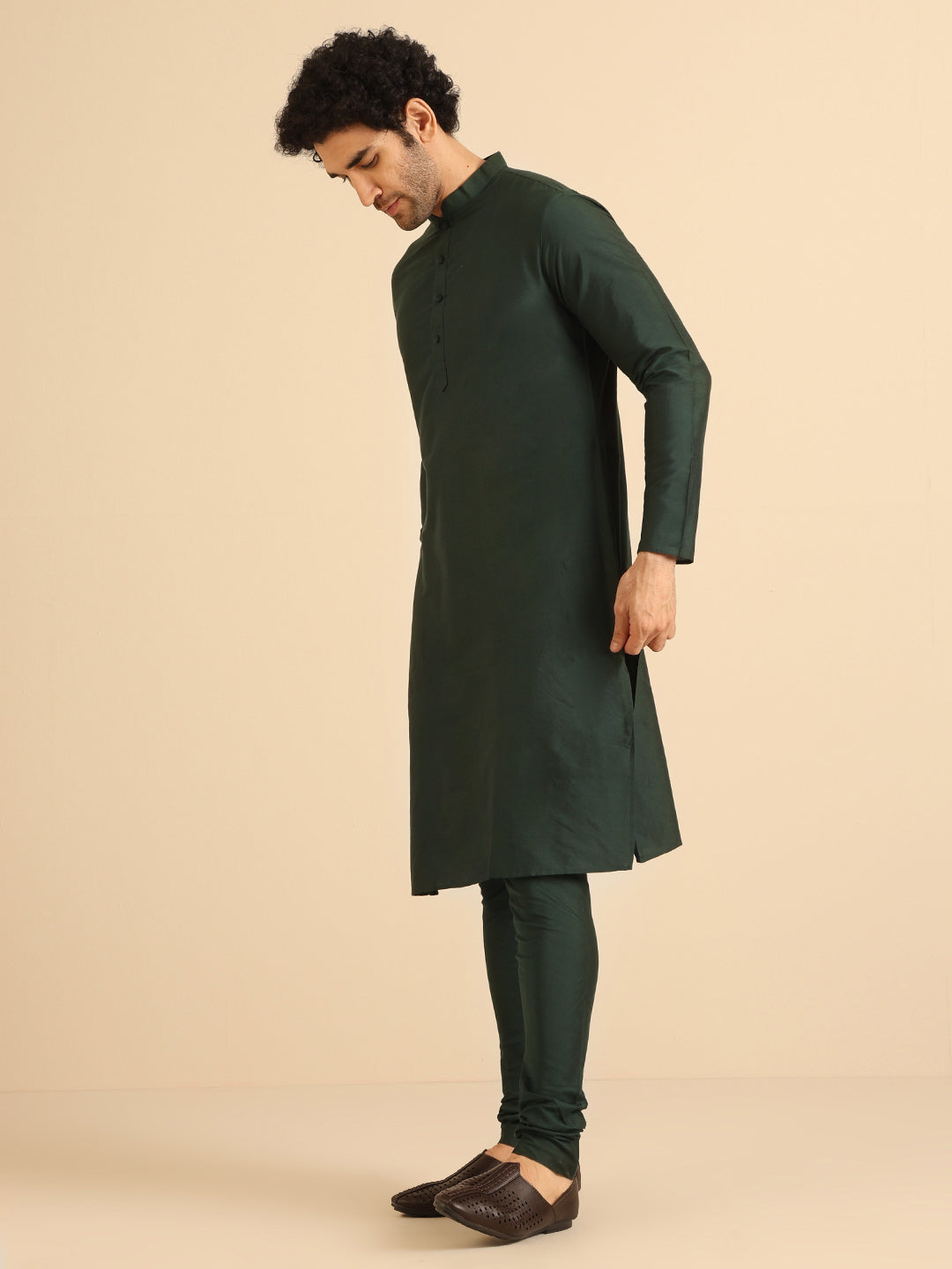 Green Cotton Blend Solid Kurta Churidar Set