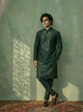 Green Cotton Blend Solid Kurta Churidar Set
