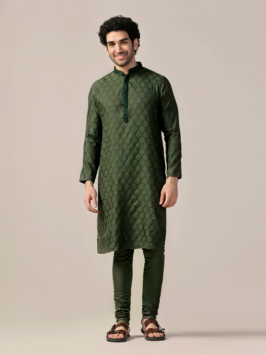 Olive Silk Blend Jacquard Kurta Churidar Set