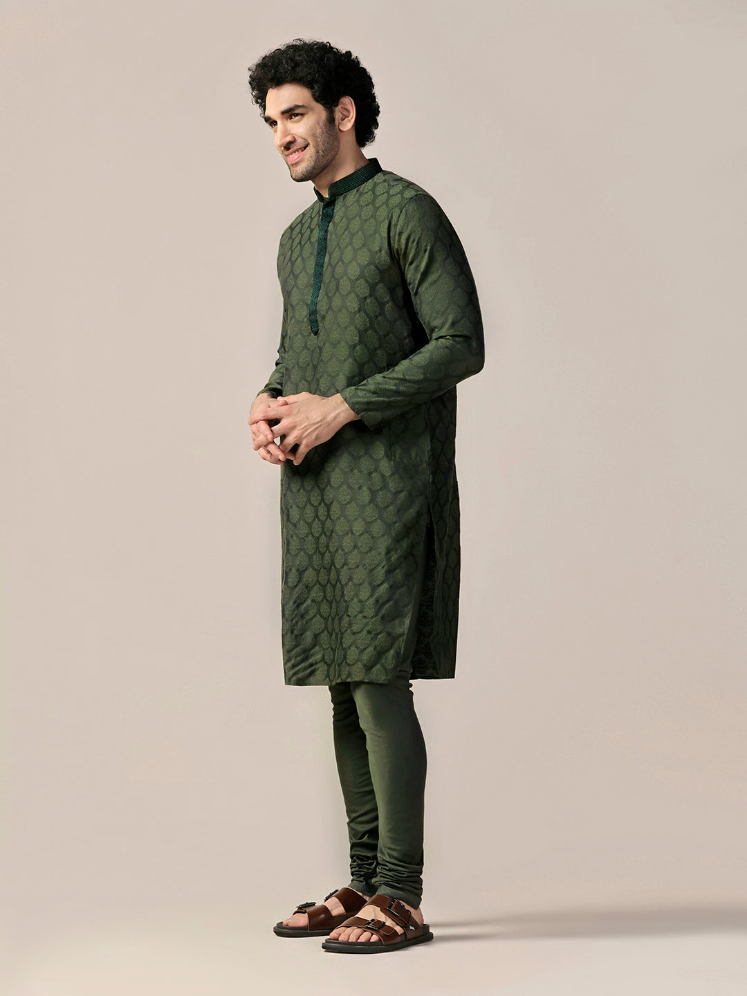 Olive Silk Blend Jacquard Kurta Churidar Set