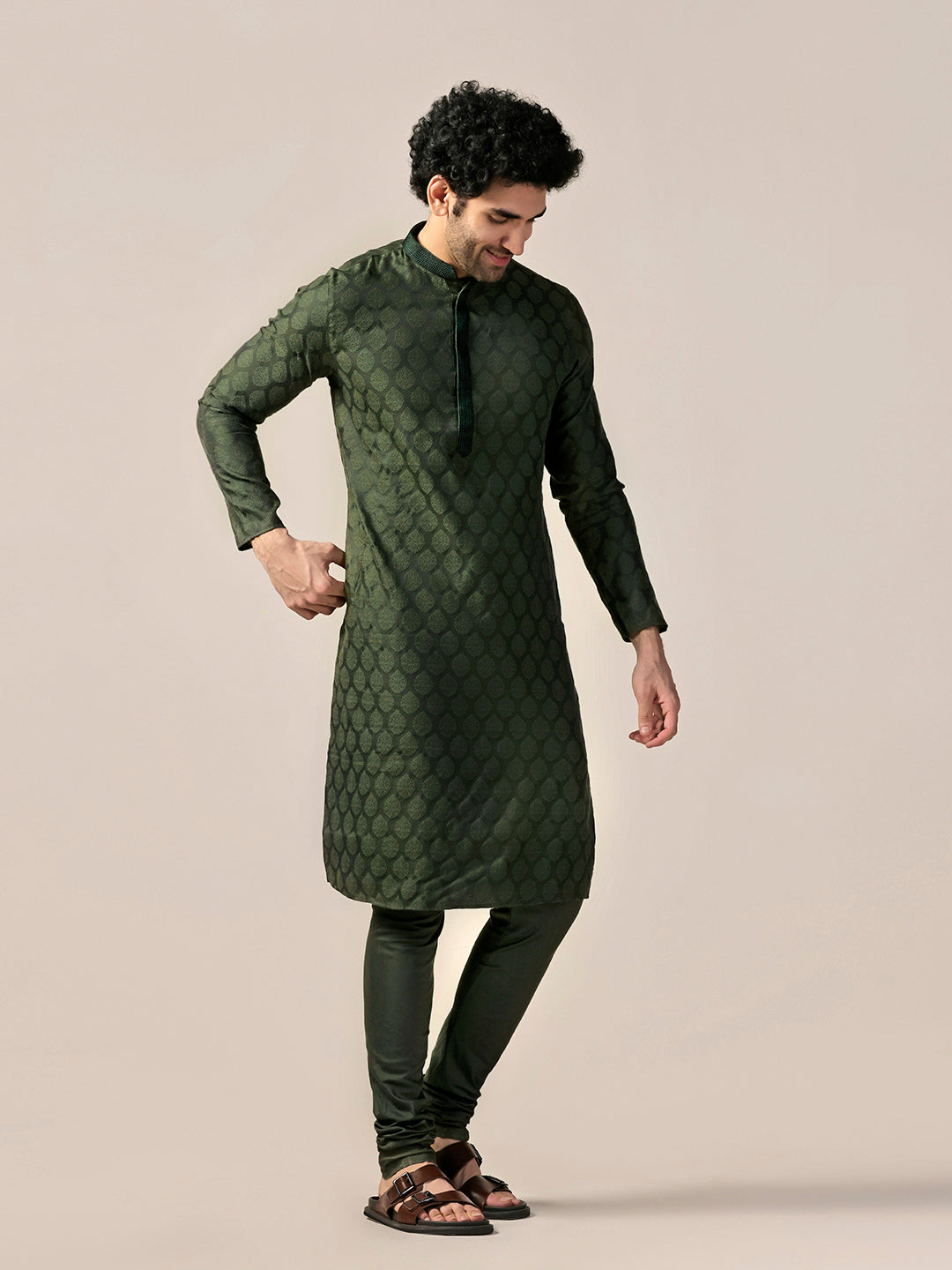 Olive Silk Blend Jacquard Kurta Churidar Set