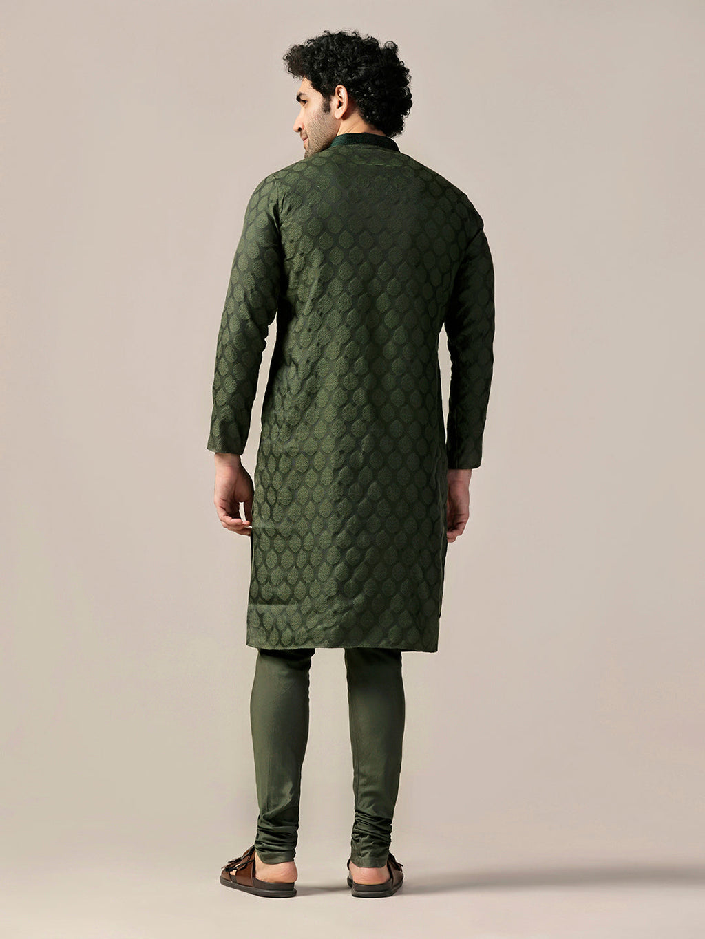 Olive Silk Blend Jacquard Kurta Churidar Set