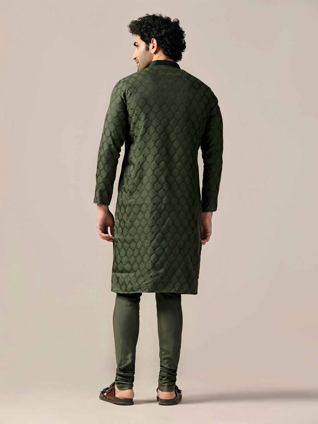 Olive Silk Blend Jacquard Kurta Churidar Set