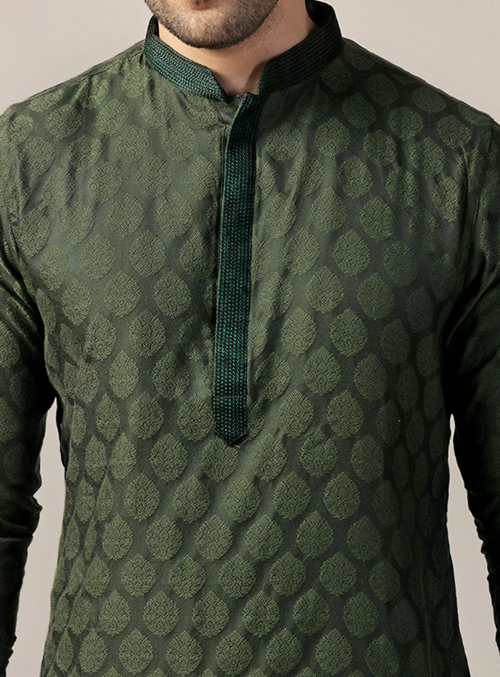 Olive Silk Blend Jacquard Kurta Churidar Set