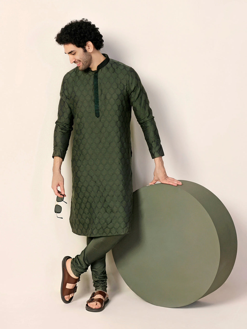 Olive Silk Blend Jacquard Kurta Churidar Set