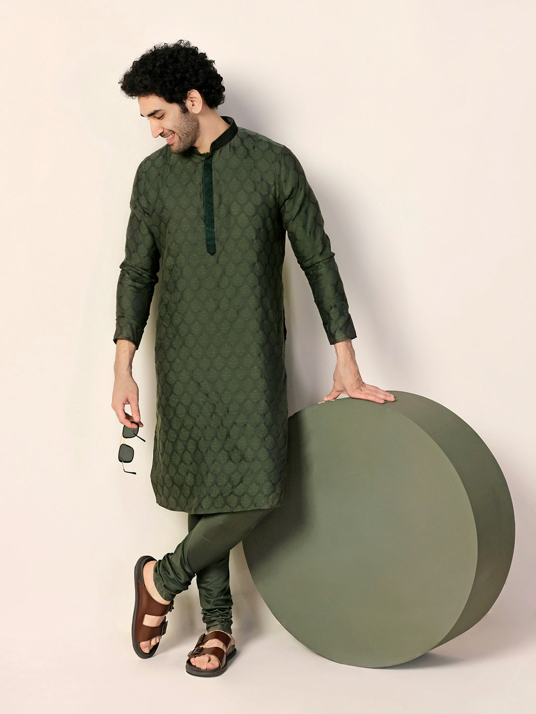 Olive Silk Blend Jacquard Kurta Churidar Set
