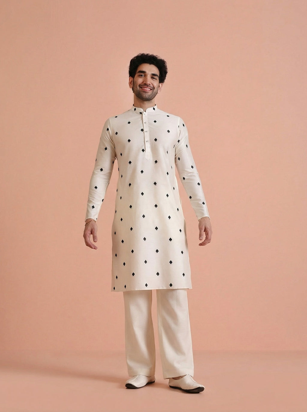 Off-White Silk Blend Embroidered Kurta Wide Leg Trouser Set