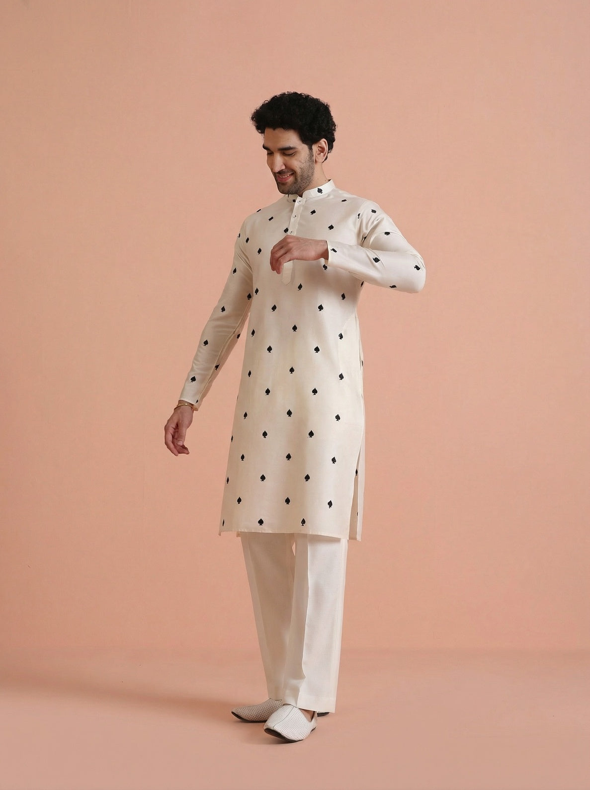 Off-White Silk Blend Embroidered Kurta Wide Leg Trouser Set