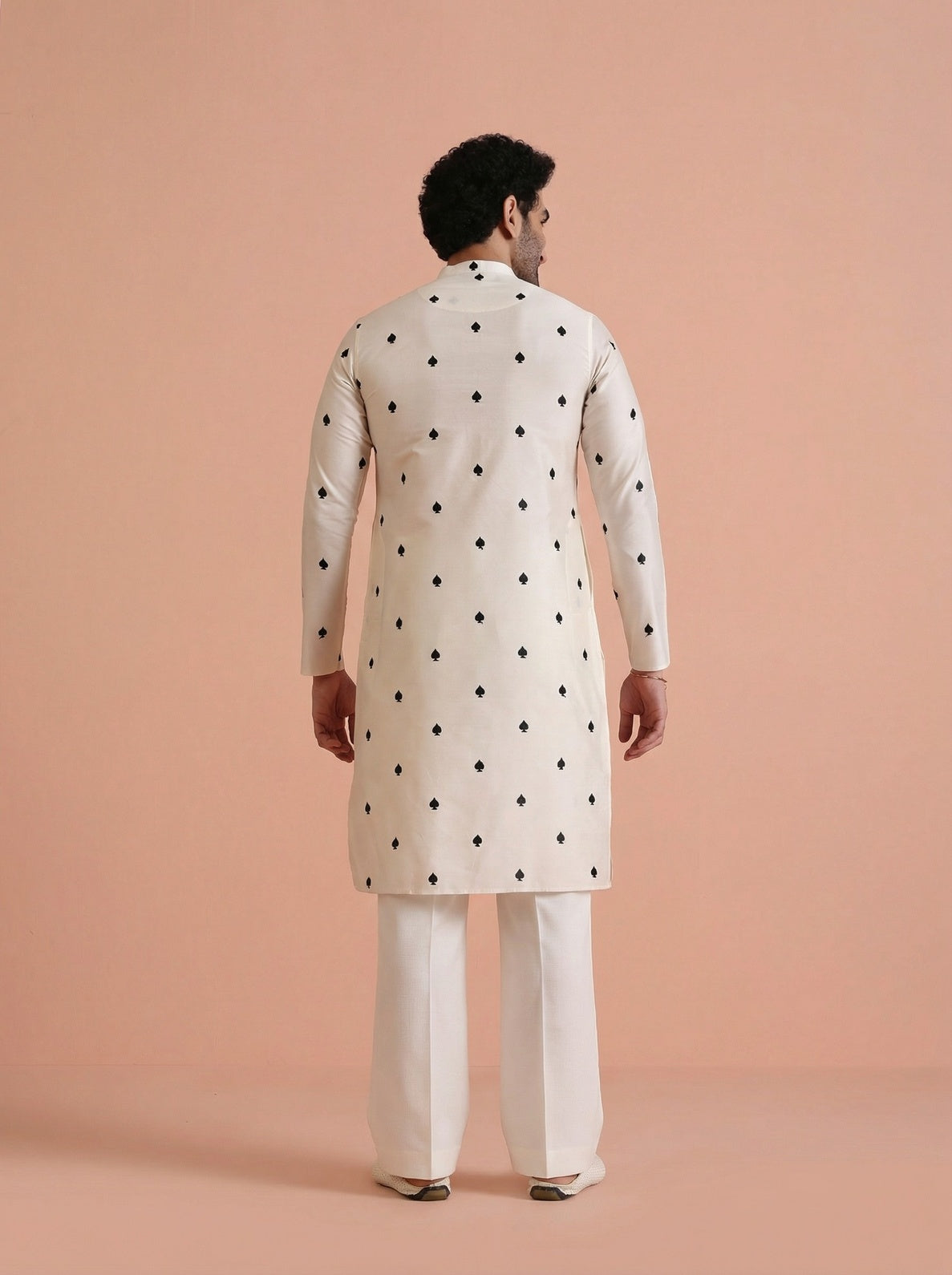 Off-White Silk Blend Embroidered Kurta Wide Leg Trouser Set
