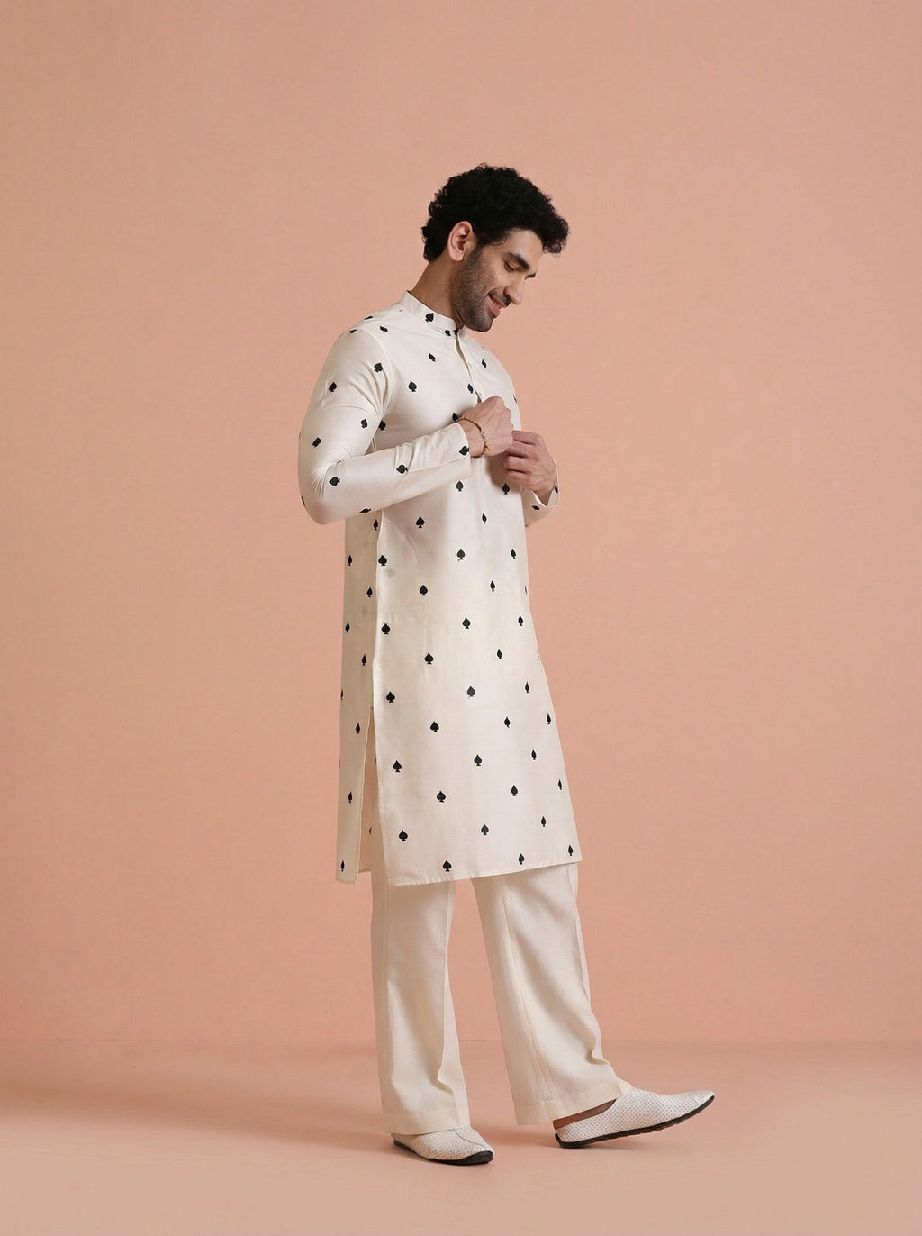 Off-White Silk Blend Embroidered Kurta Wide Leg Trouser Set