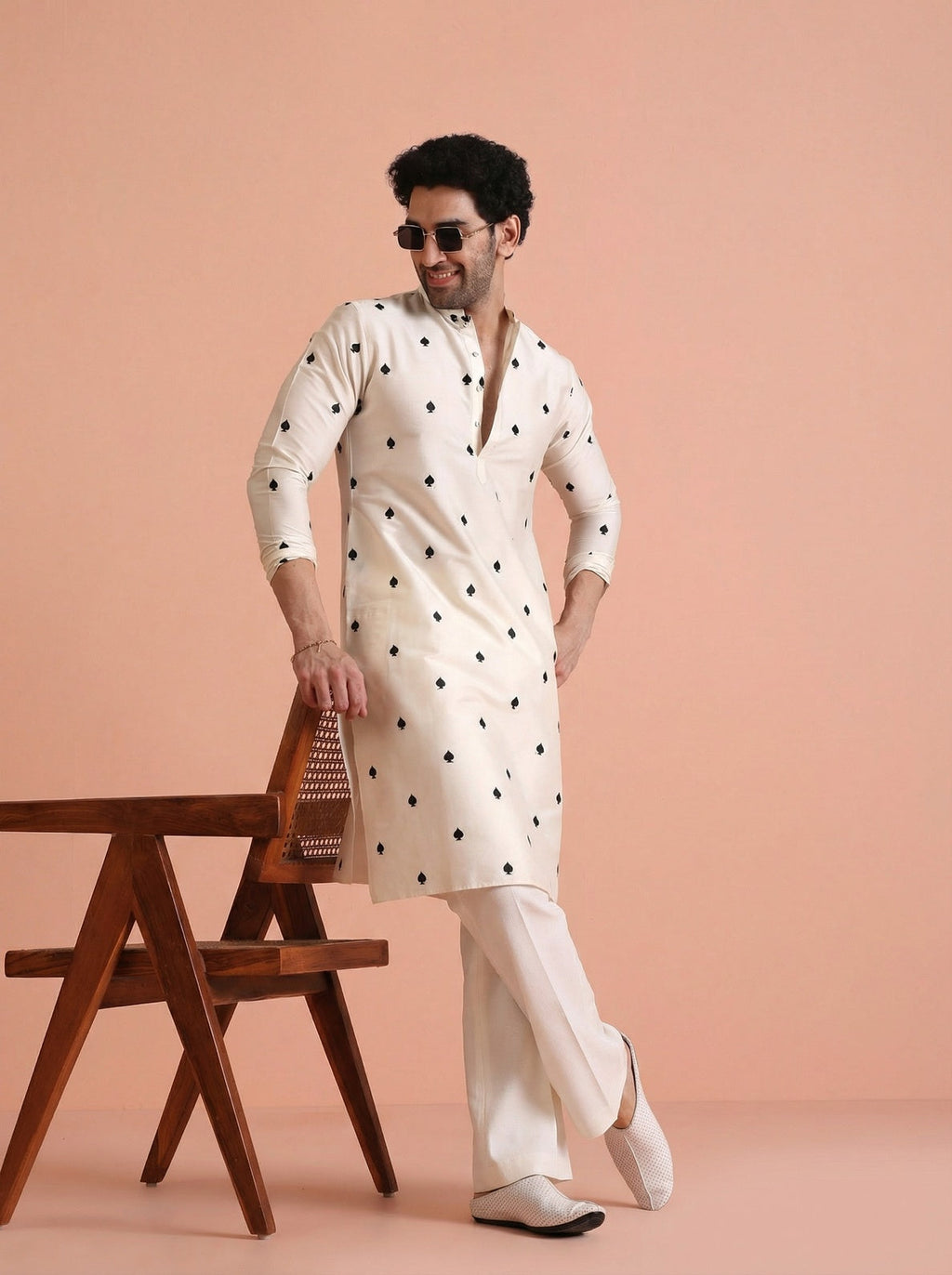 Off-White Silk Blend Embroidered Kurta Wide Leg Trouser Set