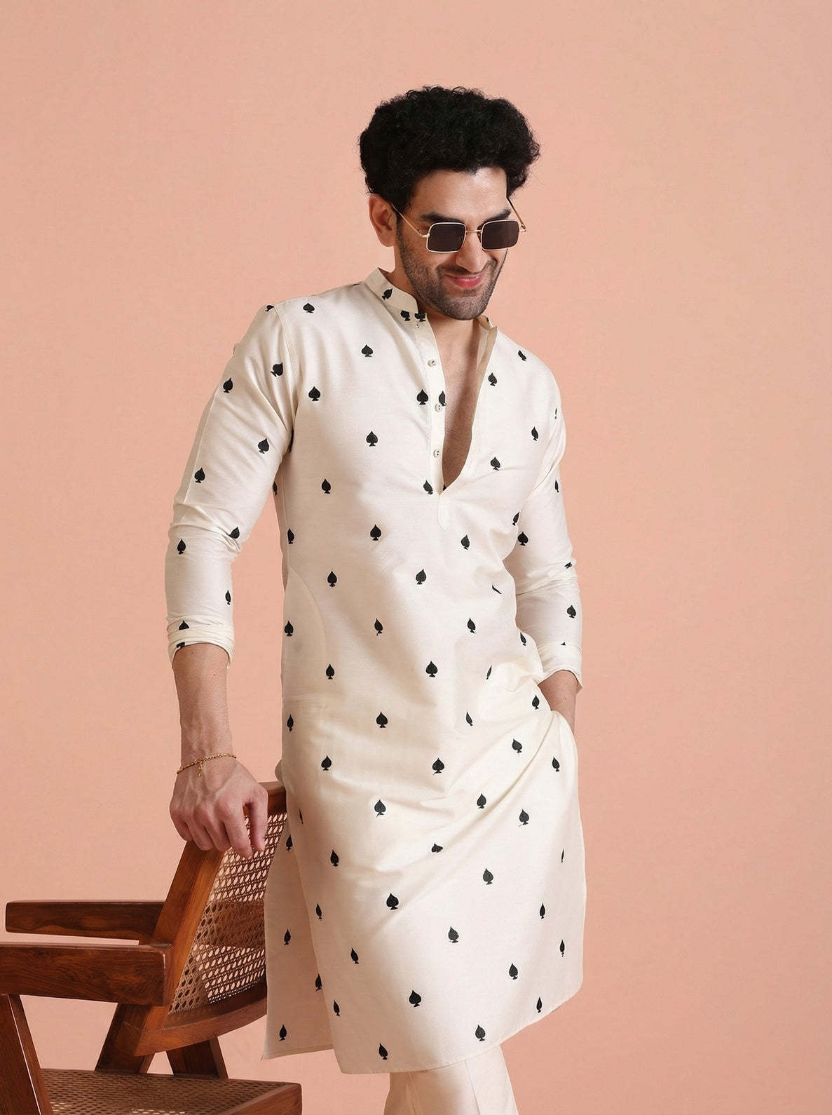 Off-White Silk Blend Embroidered Kurta Wide Leg Trouser Set