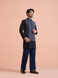 Navy Blue Silk Blend Printed Mid Kurta Jacket Wide Leg Trouser Set