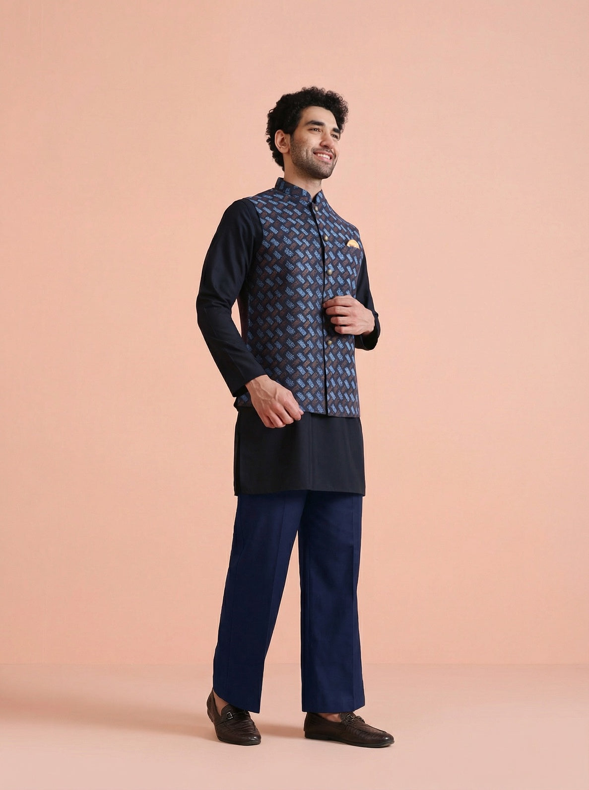 Navy Blue Silk Blend Printed Mid Kurta Jacket Wide Leg Trouser Set