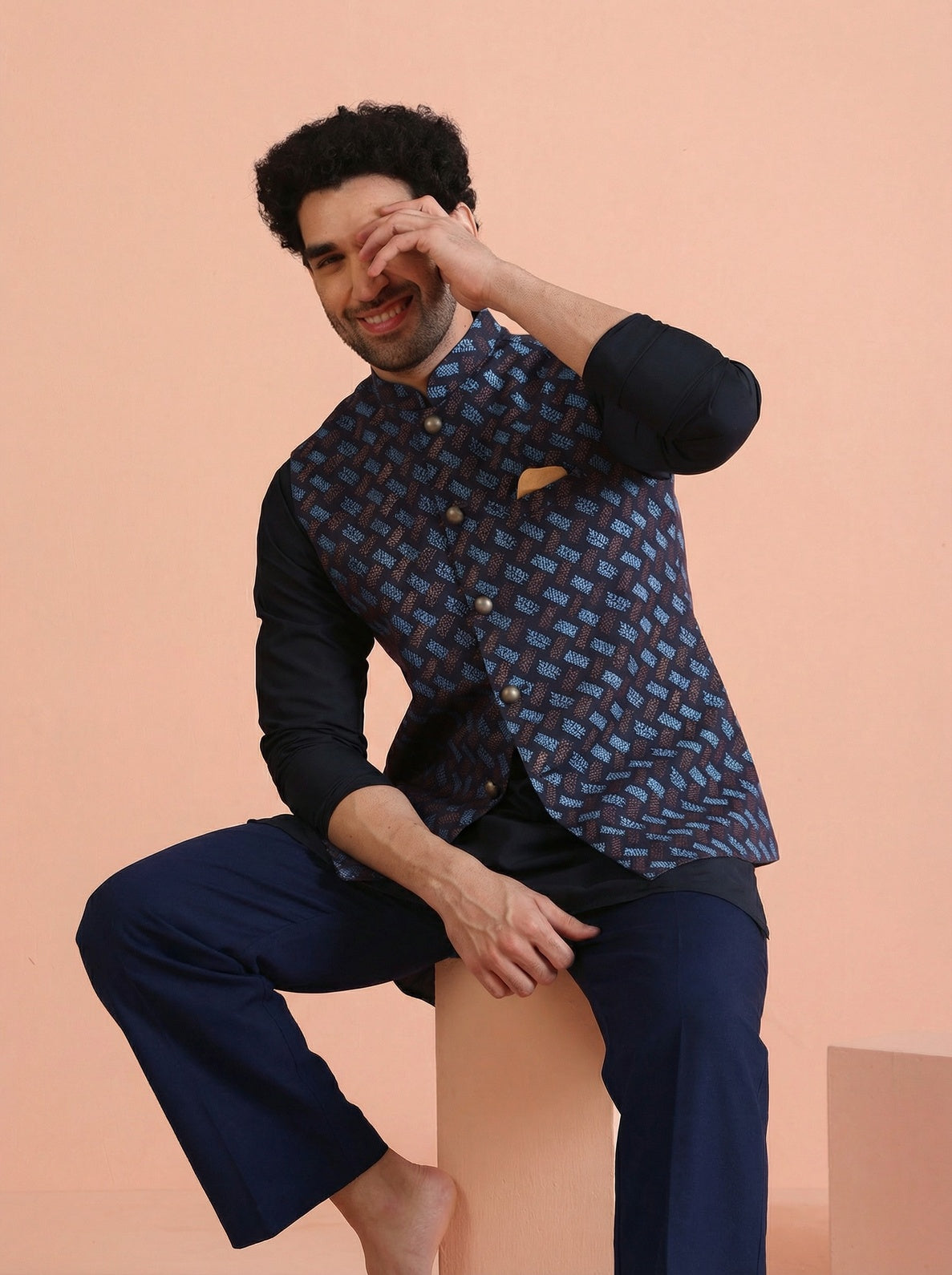 Navy Blue Silk Blend Printed Mid Kurta Jacket Wide Leg Trouser Set