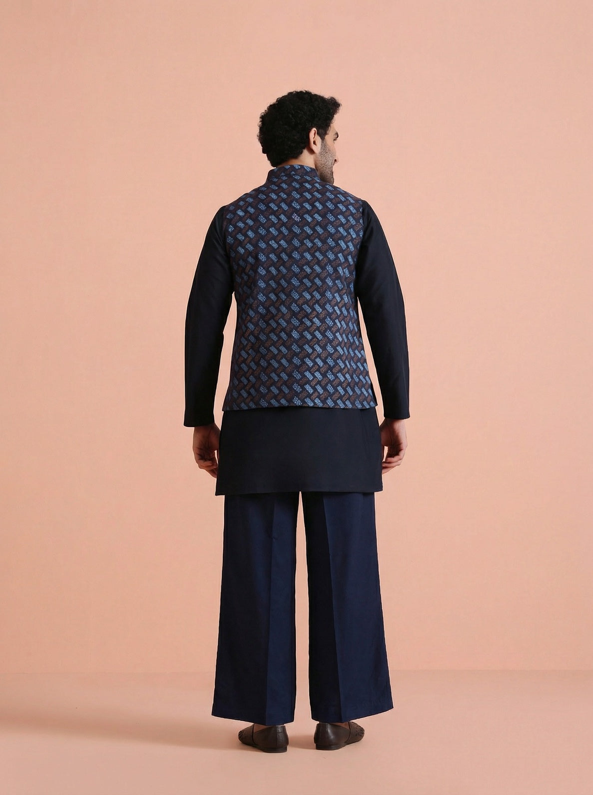 Navy Blue Silk Blend Printed Mid Kurta Jacket Wide Leg Trouser Set