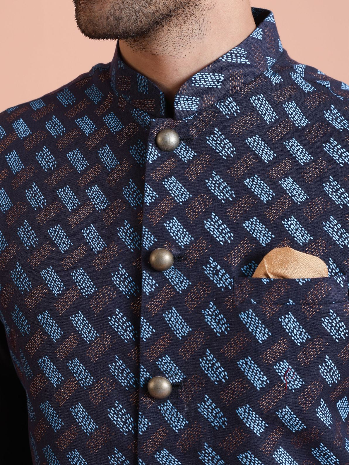 Navy Blue Silk Blend Printed Mid Kurta Jacket Wide Leg Trouser Set