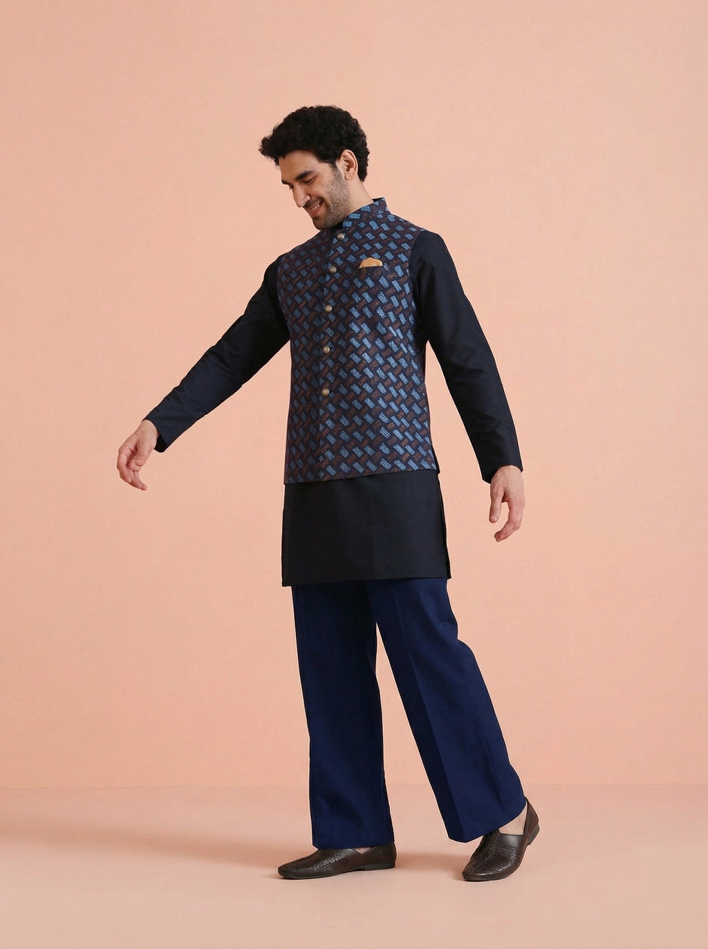 Navy Blue Silk Blend Printed Mid Kurta Jacket Wide Leg Trouser Set