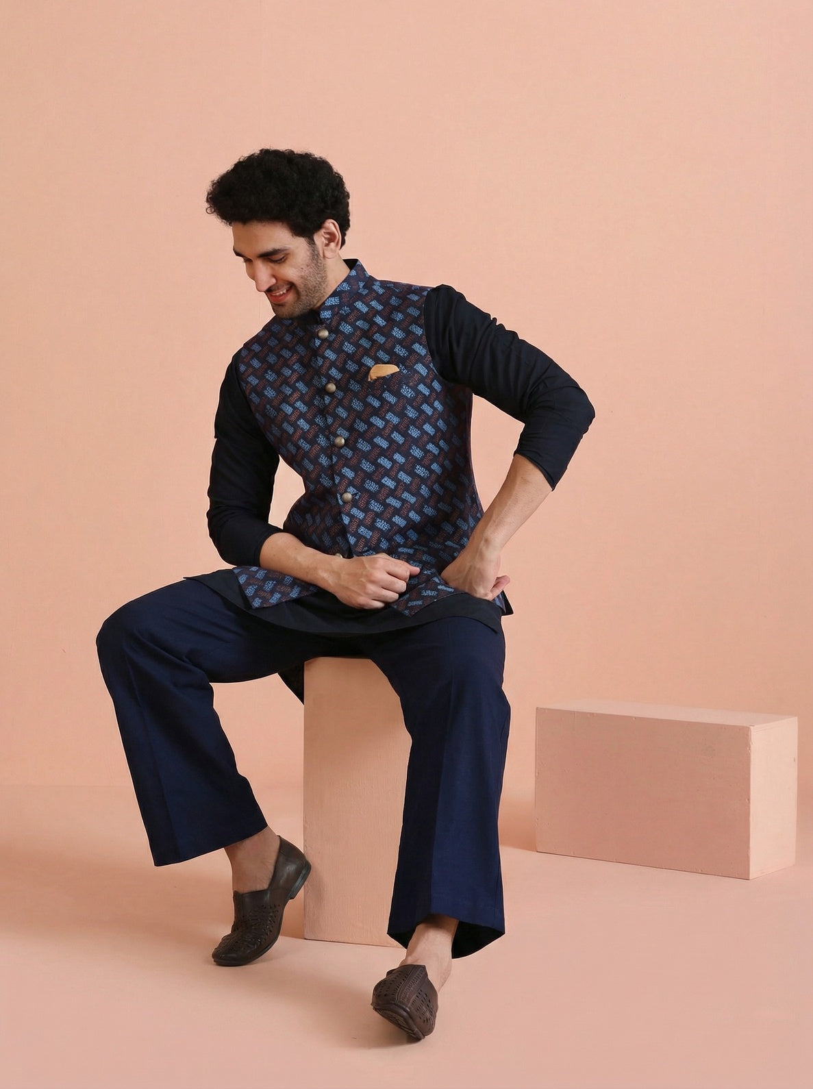Navy Blue Silk Blend Printed Mid Kurta Jacket Wide Leg Trouser Set