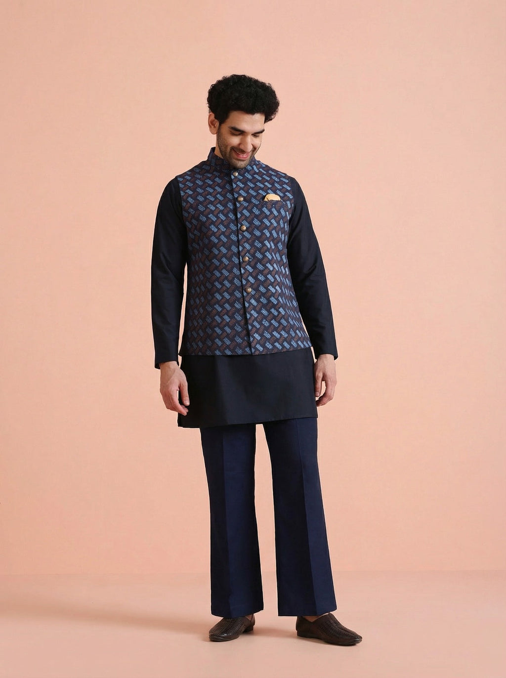 Navy Blue Silk Blend Printed Mid Kurta Jacket Wide Leg Trouser Set