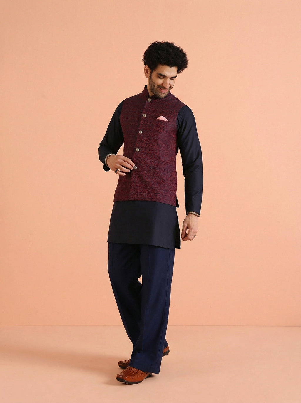 Red Cotton Blend Textured Mid Kurta Jacket Wide Leg Trouser Set