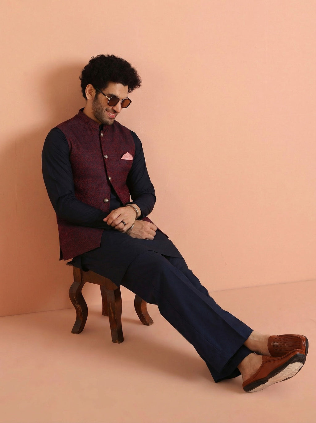 Red Cotton Blend Textured Mid Kurta Jacket Wide Leg Trouser Set
