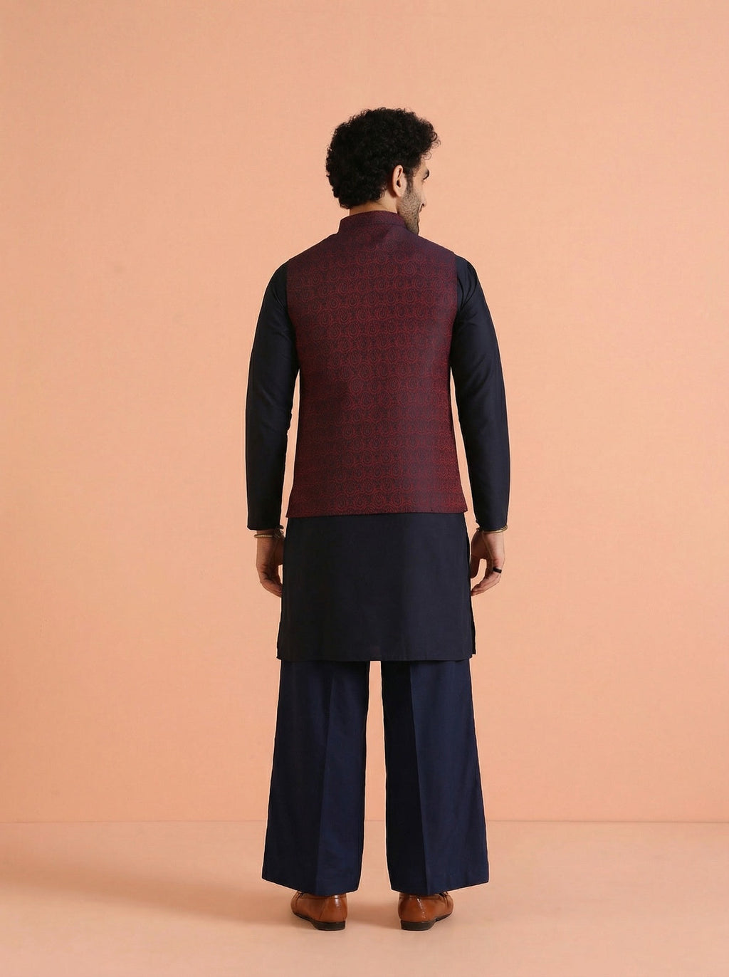 Red Cotton Blend Textured Mid Kurta Jacket Wide Leg Trouser Set