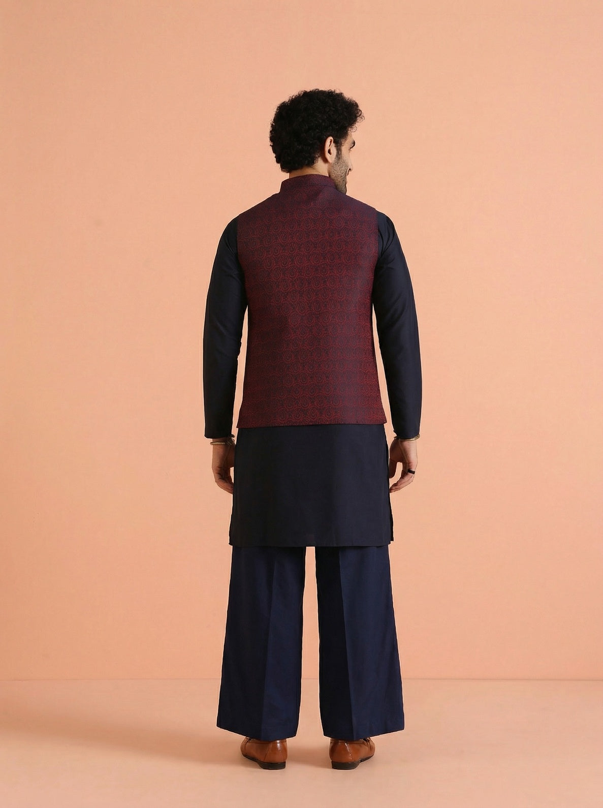Red Cotton Blend Textured Mid Kurta Jacket Wide Leg Trouser Set