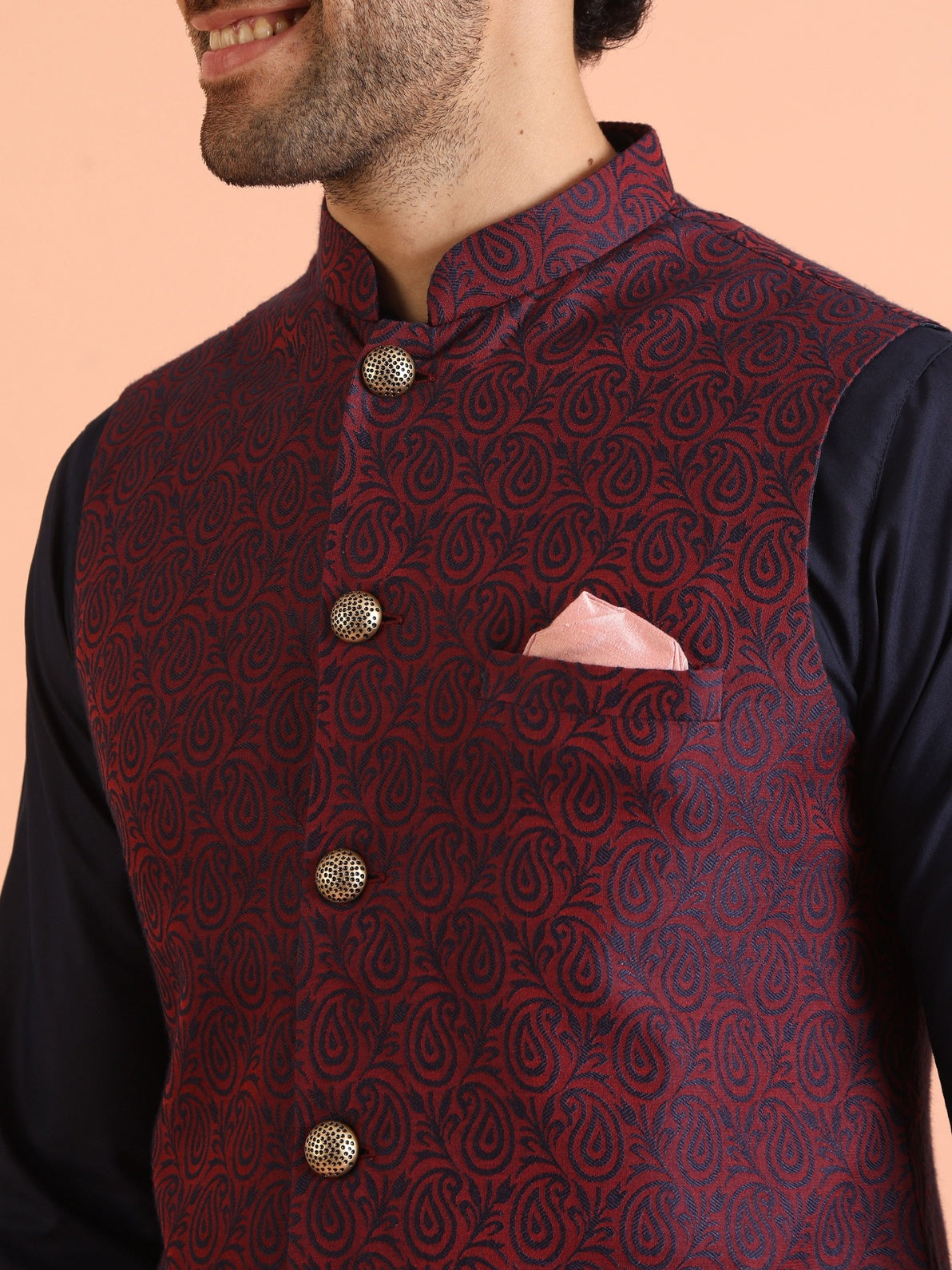 Red Cotton Blend Textured Mid Kurta Jacket Wide Leg Trouser Set