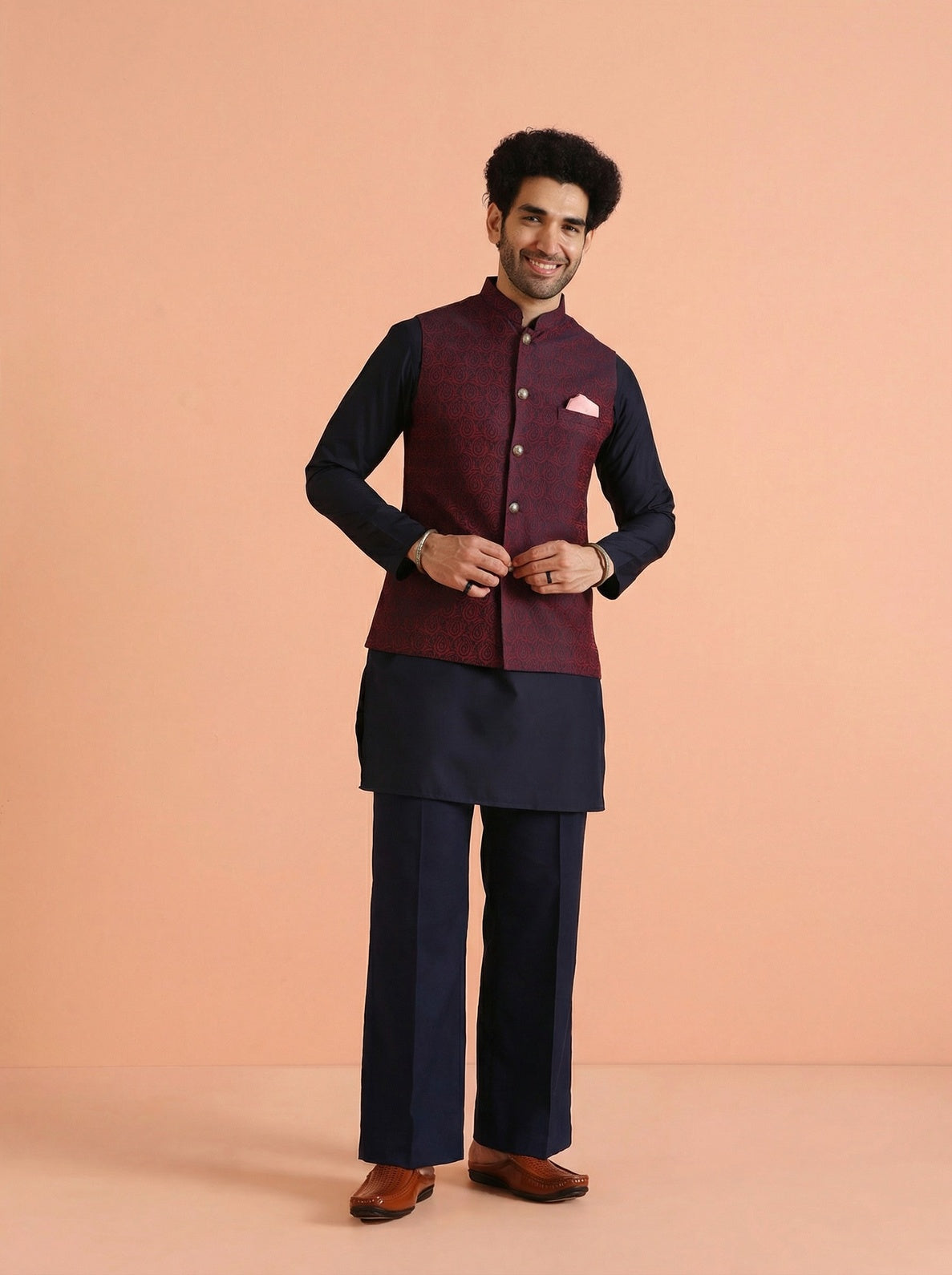 Red Cotton Blend Textured Mid Kurta Jacket Wide Leg Trouser Set