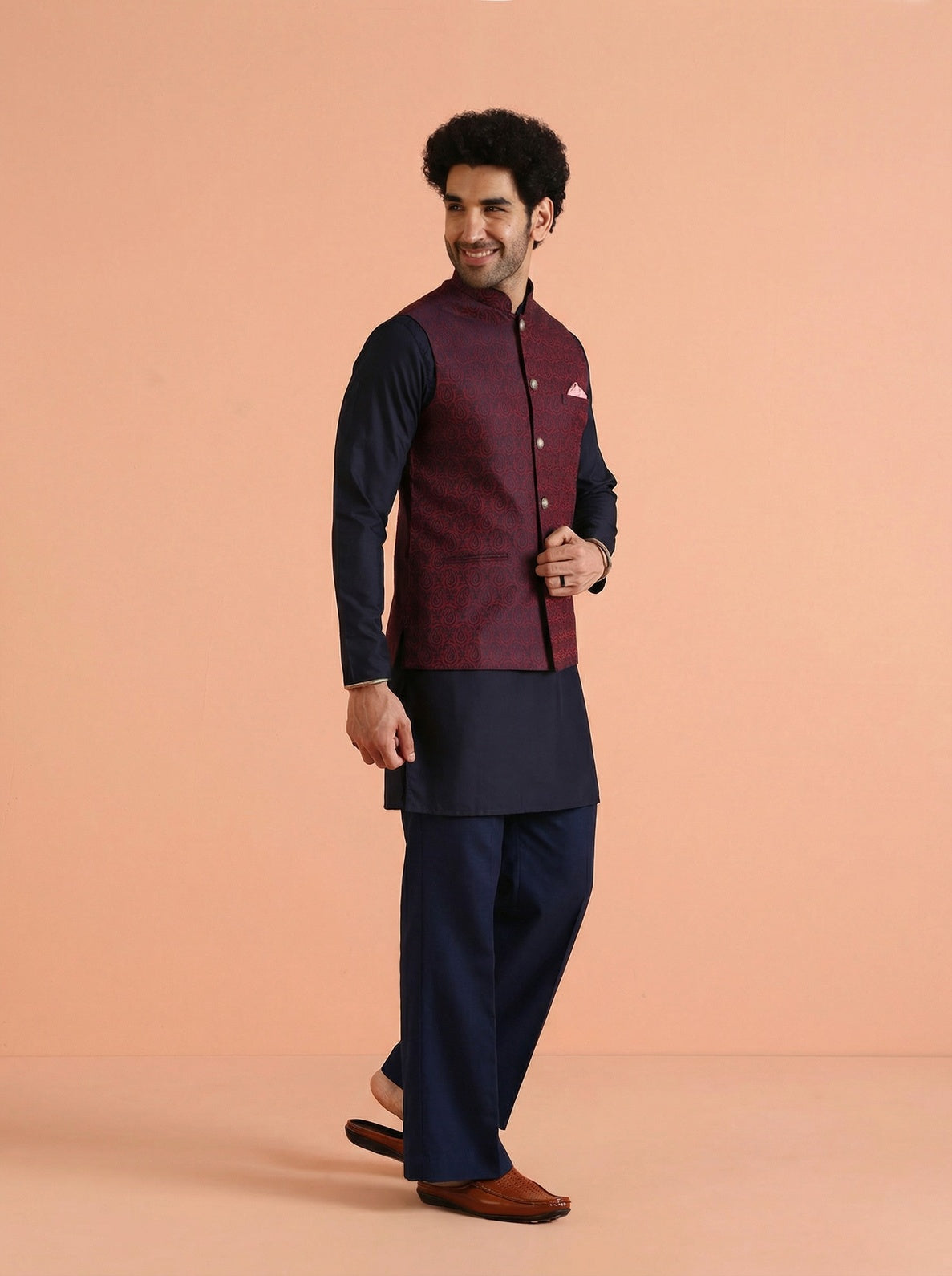 Red Cotton Blend Textured Mid Kurta Jacket Wide Leg Trouser Set